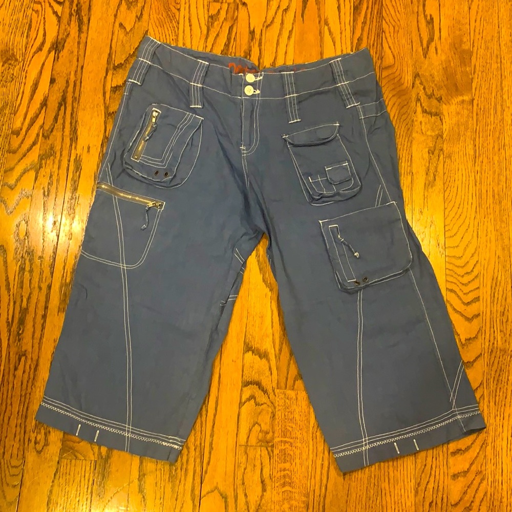 Johnny Was Navy Blue Cargo Shorts with Contrast Stitching